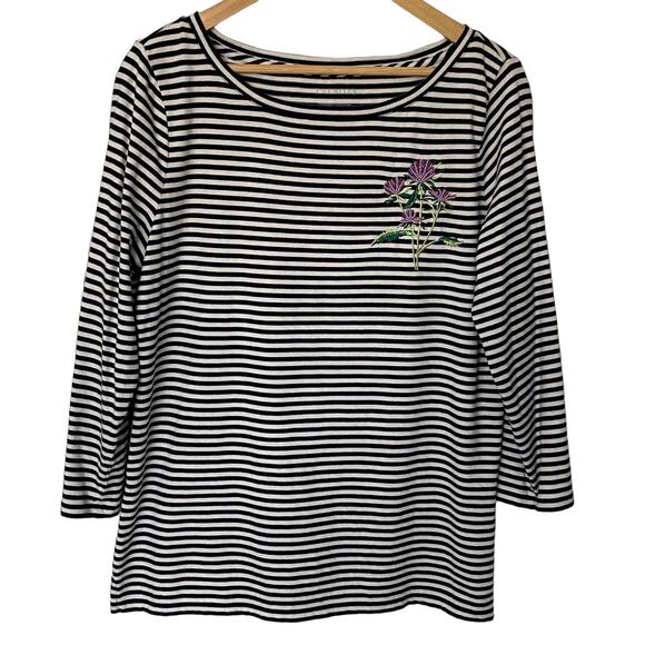 Talbots Wms L Navy White Striped Embroidered Flower Sequins Top Nautical Preppy - Picture 1 of 8